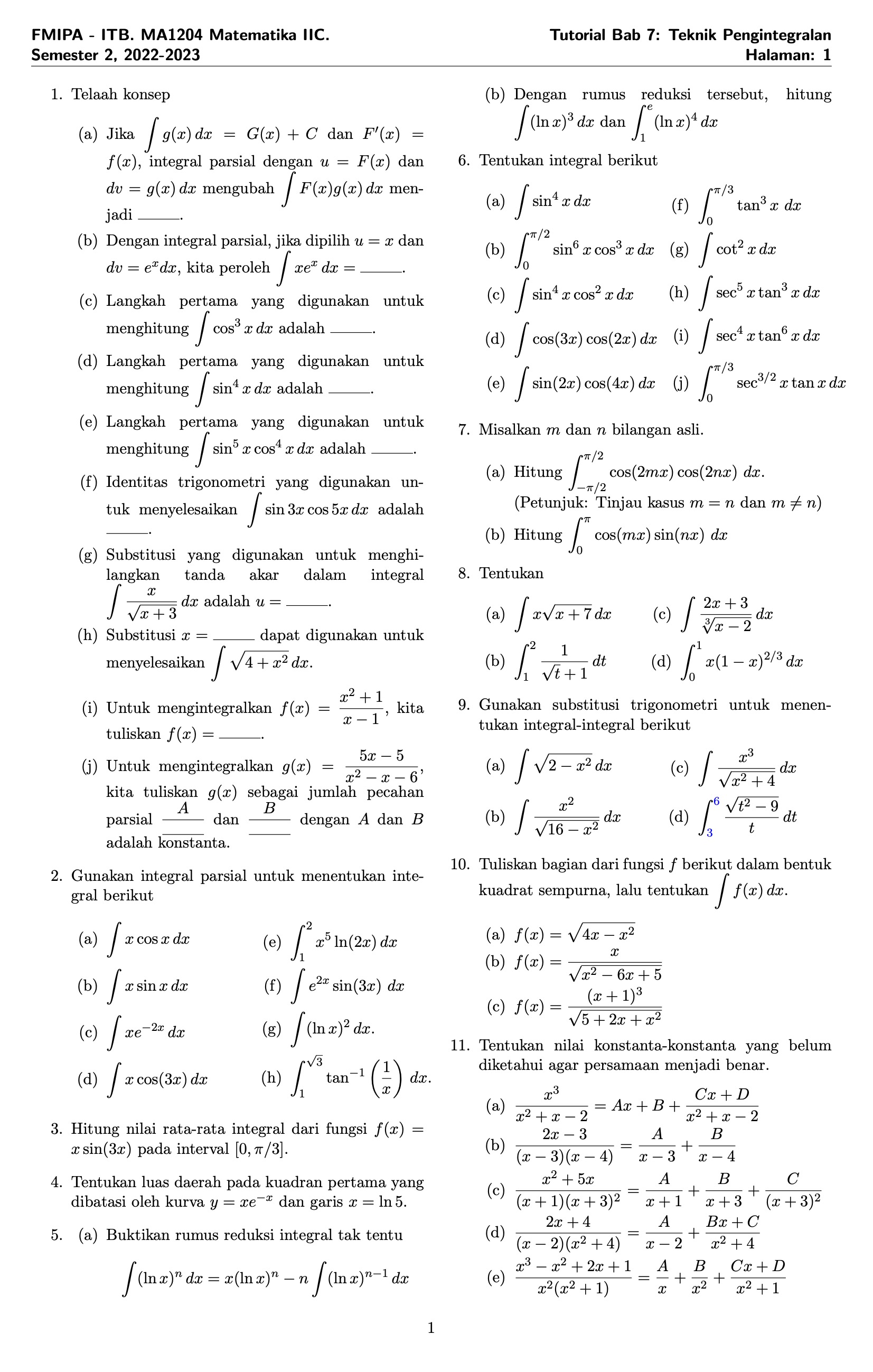 Tutorial Bab 7 Matematika 2C ITB Tahun 2022-2023 | MES Consulting